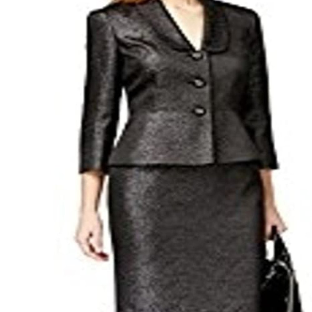 Kasper Three Button Textured Metallic Skirt Suit Black/Silver SZ 10
